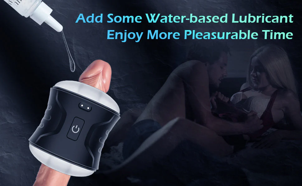 Using water based lubricant with open-ended vibrating pussy stroker masturbator cup sex toy for men
